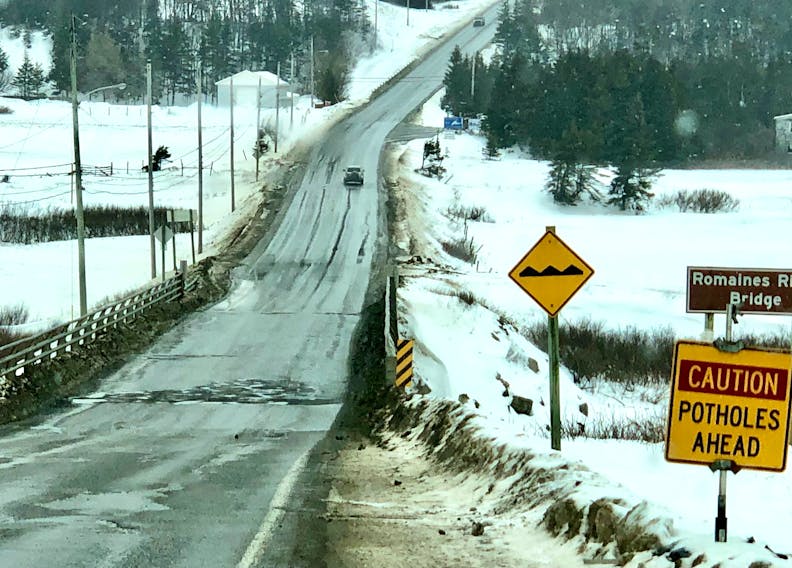 Signs on the Romaine’s River Bridge in Port au Port East warn drivers of the structure’s poor condition. The bridge is slated to be replaced, but that’s still a way off, and some say something needs to be done now.
Photo courtesy of Oscar Kaus