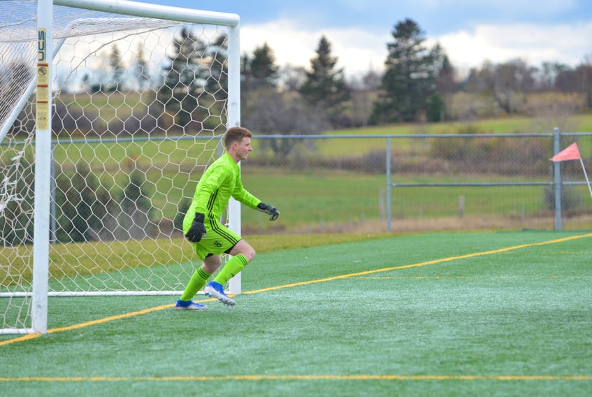 Holland Hurricanes keeper Hayden Porter is shown in action during the 2019 Atlantic Collegiate Athletic Association (ACAA) men’s soccer championship at the Terry Fox Sports Complex in Cornwall.