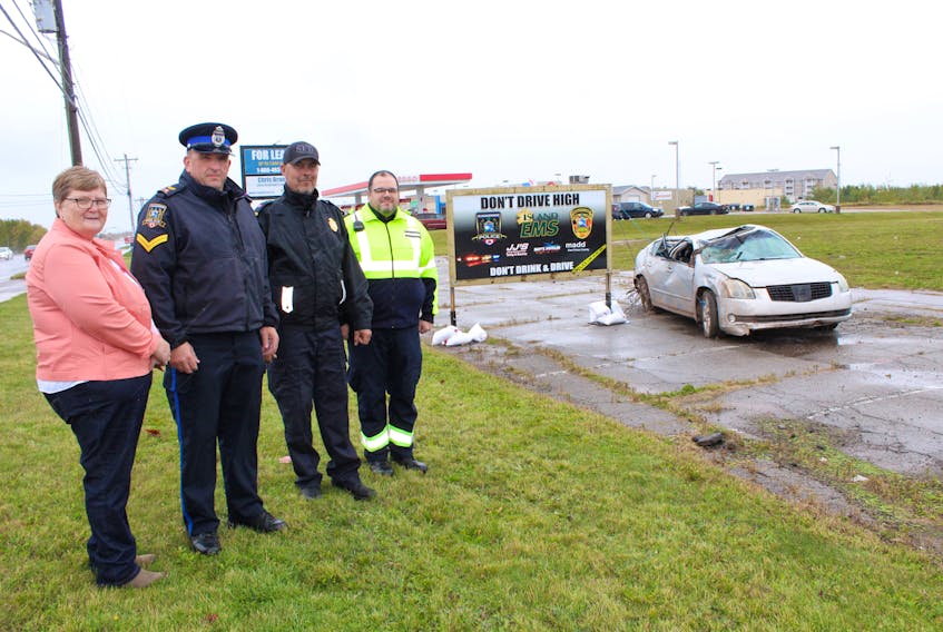A coalition of Summerside-based groups has come together to encourage Islanders to not drive while impaired once recreational cannabis becomes legal on Wednesday. They include, from left, MADD East Prince member Gloria McNeill, Cpl. Jason Blacquiere of Summerside Police Services, Capt. Ron Enman of the Summerside Fire Department and Adam Rogers of Island EMS.