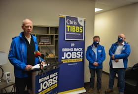 Progressive Conservative Leader Ches Crosbie (left) made a pair of stops in central Newfoundland on Thursday. In Grand Falls-Windsor, he was joined by Grand Falls-Windsor-Buchans MHA Chris Tibbs (right) and Exploits MHA Pleaman Forsey (centre). Nicholas Mercer/SaltWire Network 