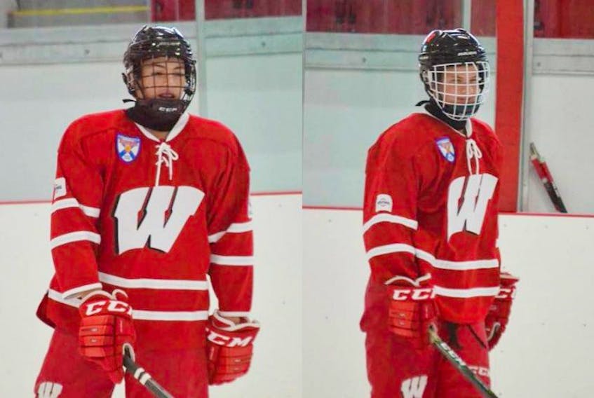 Nate Killam, 14, left, is on the Western Hurricanes Major Bantam hockey team for his second season. Nate, who plays defense, calls Queens County home. Kiefer Huskins, 13, right, is one of two players from Queens County on the Western Hurricanes. This is the forward’s first season.

