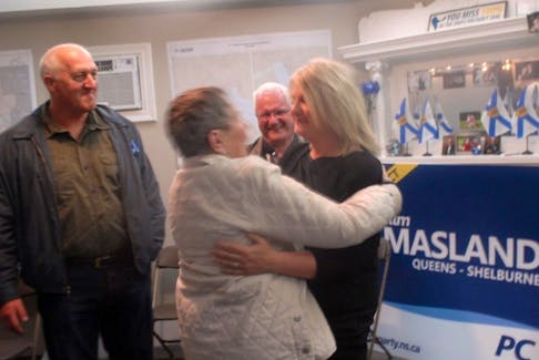 PC candidate Kim Masland accepts congratulations from some of her supporters. They said Queens-Shelburne would be a riding to watch, but at the end of the day, Masland took an early and strong lead over Liberal Vernon Oickle.