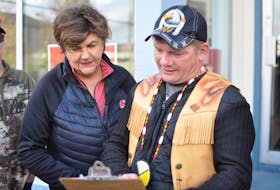 Burgeo Band of Indians Chief Greg Janes with Long Range Mountains MP Gudie Hutchings during a protest in Corner Brook in October 2019.