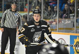 In this file photo, Cape Breton Eagles defenceman Logan Kelly-Murphy watches the play during Quebec Major Junior Hockey League action at Centre 200 last March. The 2020-21 QMJHL regular season is expected to resume on Jan. 22 in protected environments in Quebec, however, details for the Maritime-based teams were not released. JEREMY FRASER/CAPE BRETON POST