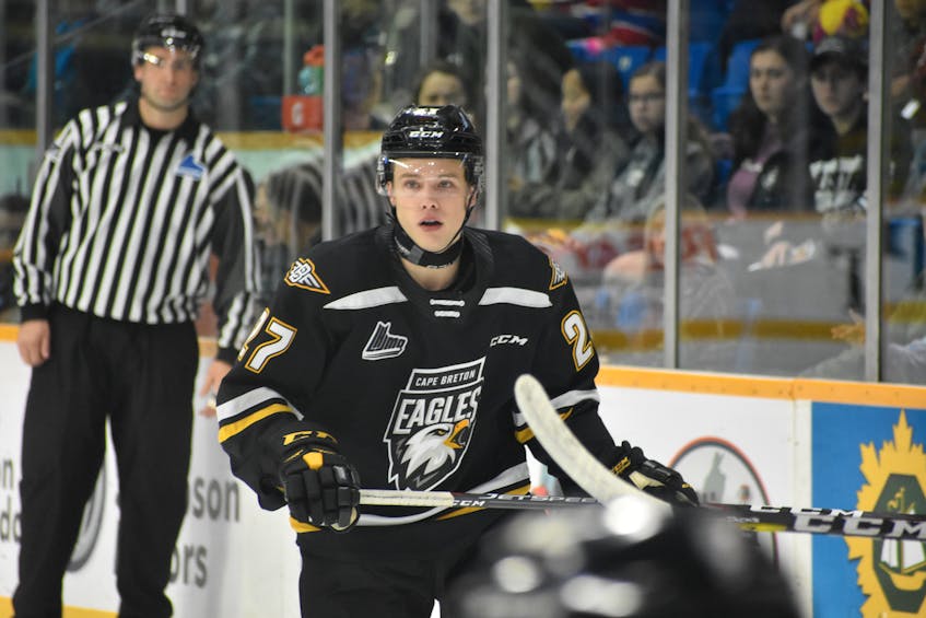 In this file photo, Cape Breton Eagles defenceman Logan Kelly-Murphy watches the play during Quebec Major Junior Hockey League action at Centre 200 last March. The 2020-21 QMJHL regular season is expected to resume on Jan. 22 in protected environments in Quebec, however, details for the Maritime-based teams were not released. JEREMY FRASER/CAPE BRETON POST