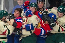 Members of the Halifax Mooseheads and Moncton Wildcats battle during a January, 2019 QMJHL game at the Scotiabank Centre. (Ryan Taplin/Staff)
