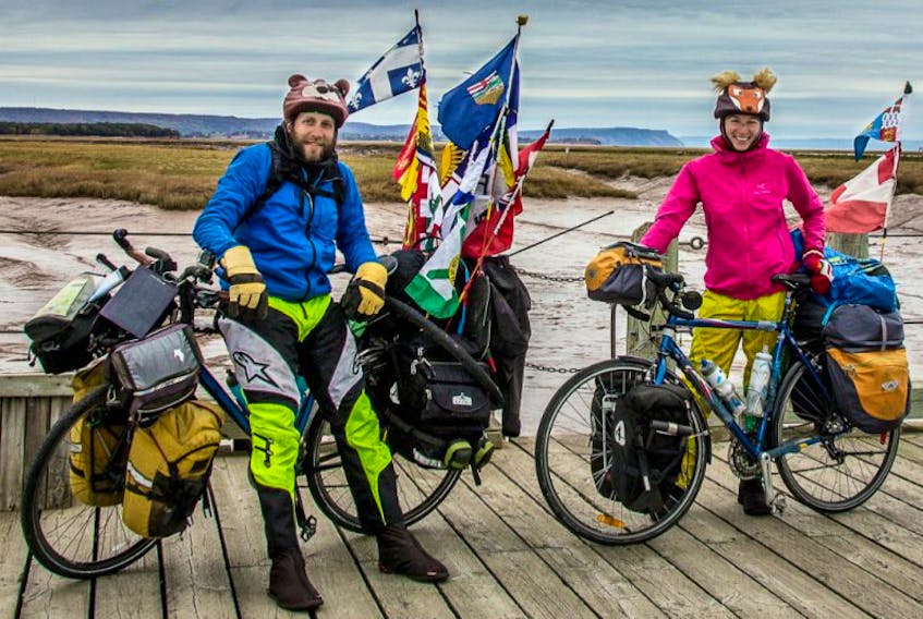 <p>Quebec cyclists Joclyn Trybowski and Martin Bonenfant made a brief stop in Wolfville during the last leg of a cross-country trek.</p>