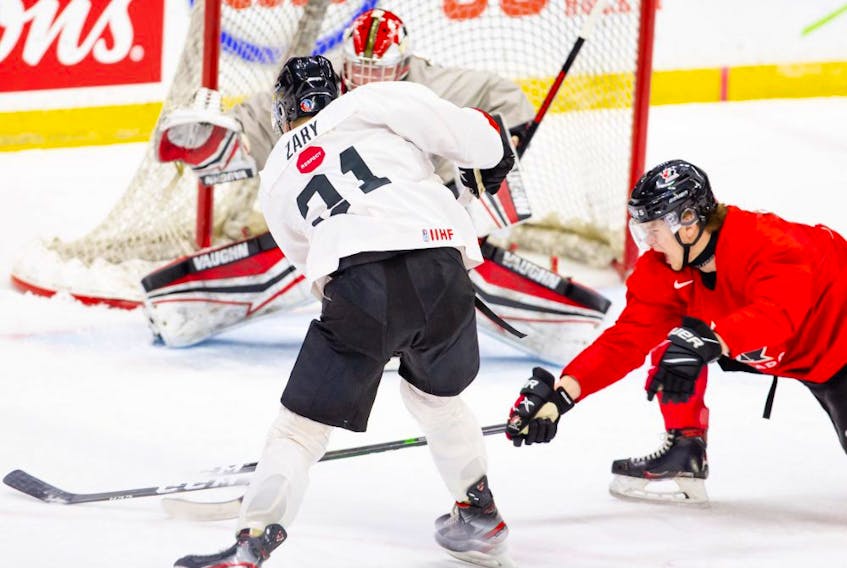 Team Canada White forward Connor Zary takes a shot in a scrimmage at the Westerner Park Centrium in Red Deer on Sunday, Nov. 22, 2020. Team Canada is currently on lockdown in their hotel in Red Deer. 