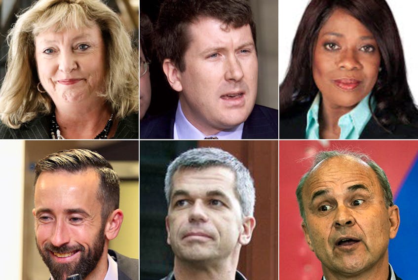 The Conservative leadership candidates who have yet to reach the first milestone to get into the race, clockwise from top left: Marilyn Gladu, John Williamson, Leslyn Lewis, Rick Peterson, Richard Décarie, and Derek Sloan.