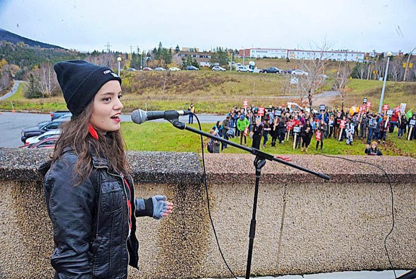 Sofia Descalzi, president of the Grenfell Campus Student Union in Corner Brook, addresses a throng of students at rally in 2016.
