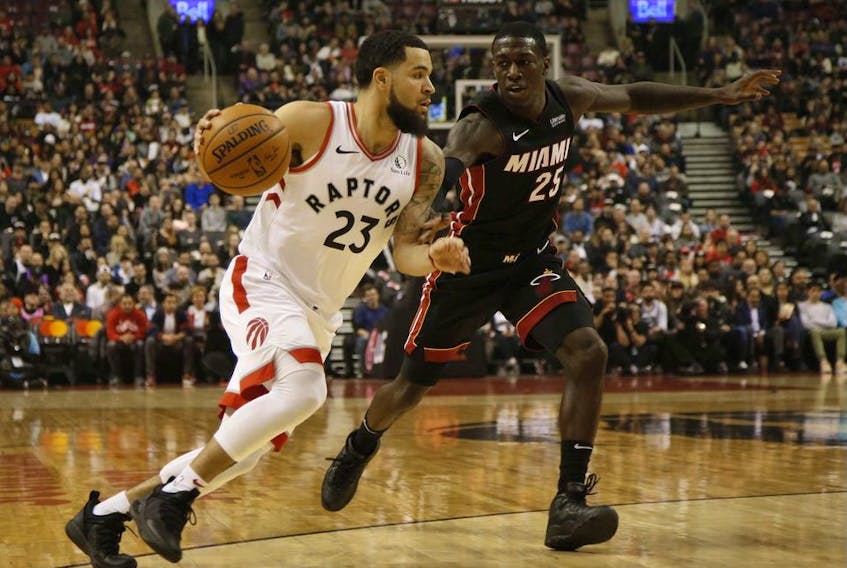 Toronto Raptors Fred VanVleet PG goes around the outside on Miami Heat Kendrick Nunn SG during the first half in Toronto, Ont. on Tuesday December 3, 2019. 