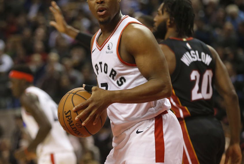 Raptors' Kyle Lowry PG (7) grimaces on a call during the first half in Toronto on Tuesday.  Jack Boland/Toronto Sun/Postmedia Network