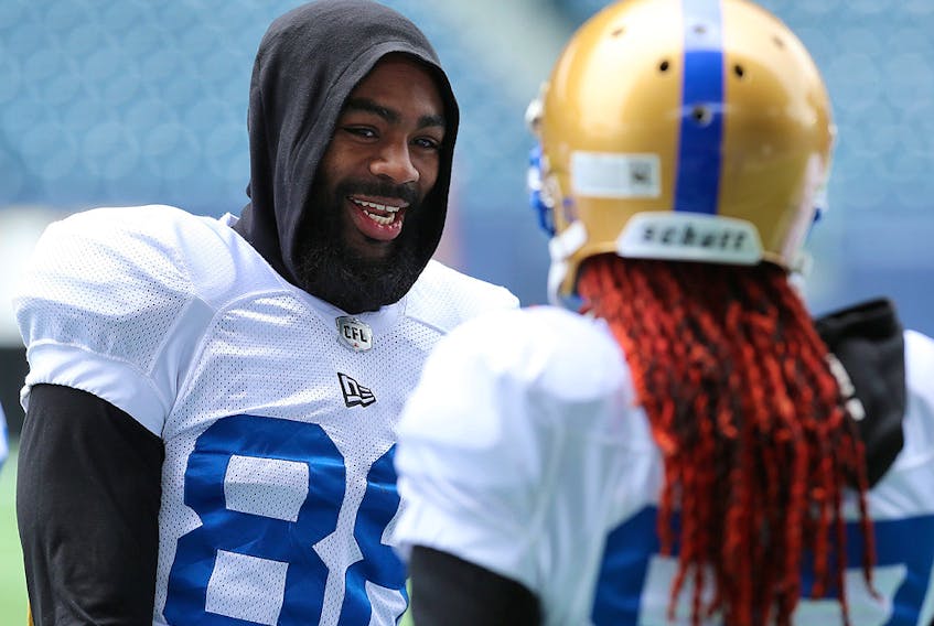 Receiver Rasheed Bailey (left) jokes with Lucky Whitehead during Winnipeg Blue Bombers training camp at IG Field on May 26, 2019. (Kevin King/Winnipeg Sun)