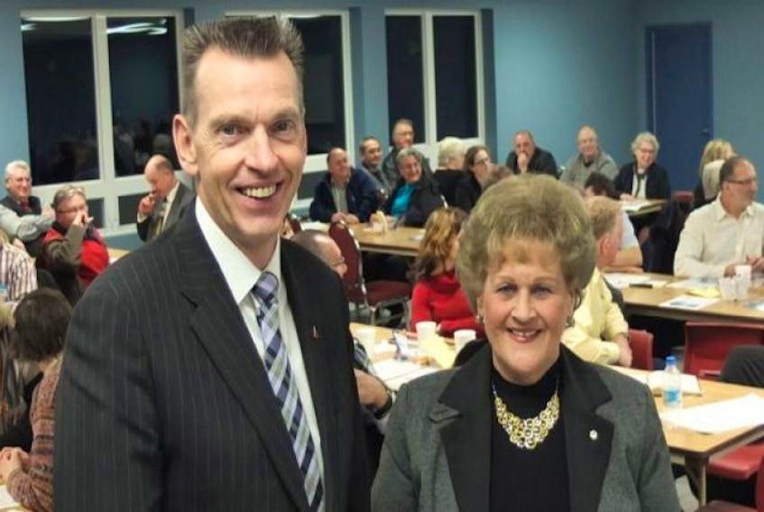 One Nova Scotia commission members Ray Ivany and Irene d'Entremont at the commission's stop in Yarmouth at the Mariners Centre on Thursday evening, March 7.<br />BELLE HATFIELD PHOTO