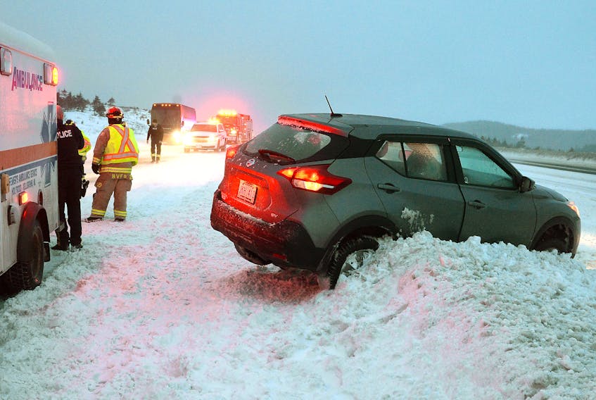 An accident scene Sunday on the Trans-Canada Highway near Butter Pot Provincial Park. KEITH GOSSE/THE TELEGRAM