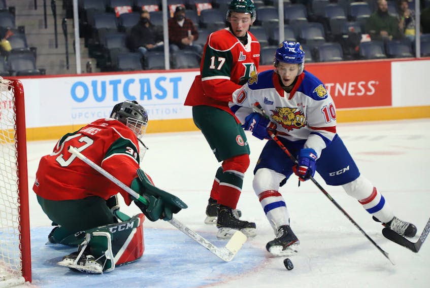 Goalie Brady James and defenceman Cameron Whynot defend the Halifax Mooseheads net against Moncton Wildcats forward Philippe Daoust during a QMJHL game at the Scotiabank Centre earlier this season. (TIM KROCHAK/Chronicle Herald)