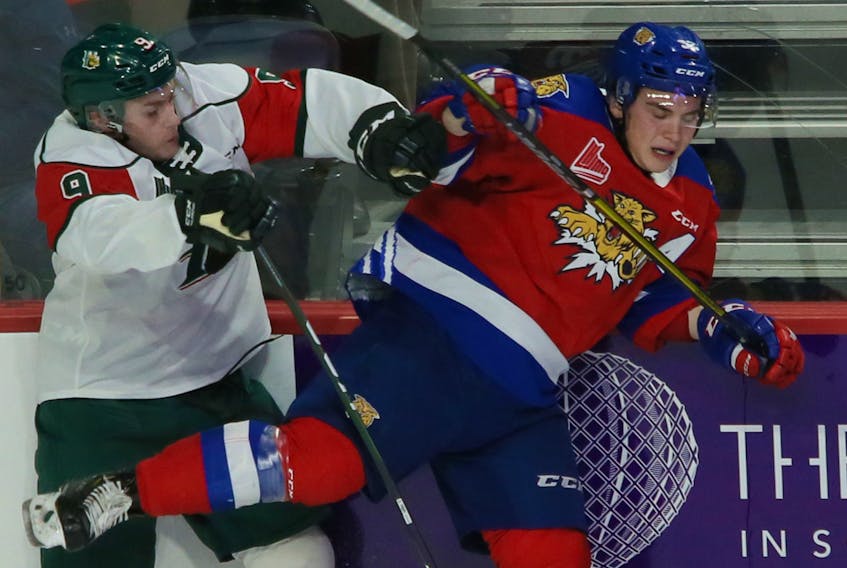 Halifax Mooseheads forward Kyle Petten collides with Moncton Wildcats Jacob Hudson during a Jan. 3 QMJHL game at the Scotiabank Centre. (TIM KROCHAK/The Chronicle Herald)