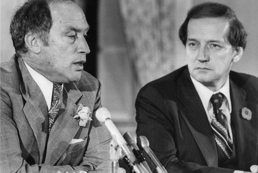 Then Nova Scotia premier Gerald Regan with then prime minister Pierre Trudeau in 1977. - Chronicle Herald archives