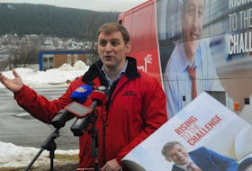 Liberal Leader Andrew Furey arrives at the party's headquarters in St. John’s aboard his campaign bus Thursday afternoon to reveal his party’s red book platform. Joe Gibbons • The Telegram