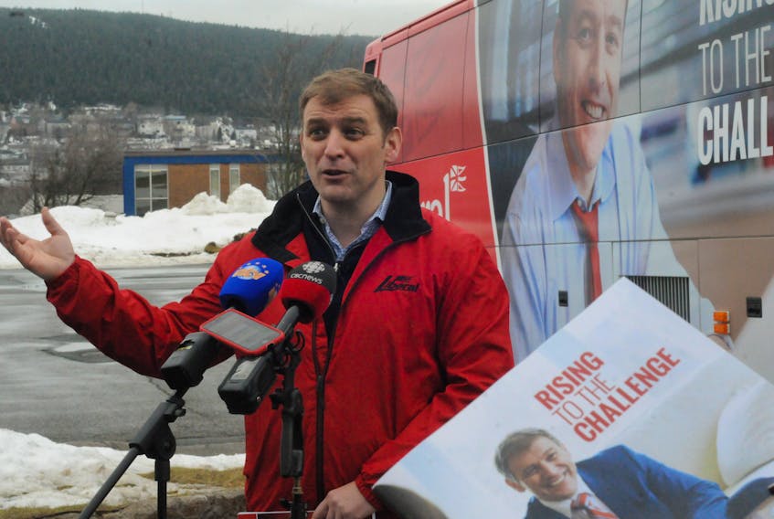 Liberal Leader Andrew Furey arrives at the party's headquarters in St. John’s aboard his campaign bus Thursday afternoon to reveal his party’s red book platform. Joe Gibbons • The Telegram