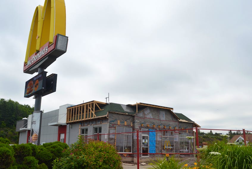 Work continued at the McDonald’s restaurant in Sydney River this week. The work recently began as renovations are taking place to upgrade the exterior and interior of the building. The dining room will not be open while work is taking place, however, the drive-thru remains open. A temporary drive-thru exit has also been created. McDonald’s Canada was not available for comment on the renovations. JEREMY FRASER/CAPE BRETON POST