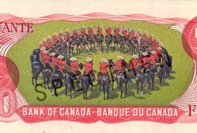 The dome formation from the RCMP Musical Ride appears on the back of the Canadian $50 bill — the only denomination in the Scenes of Canada series where the vignette on the back was produced by a lithographic rather than an intaglio process. The note was issued in March 1975 and printed by Canadian Bank Note Company Ltd. Bank of Canada Museum website