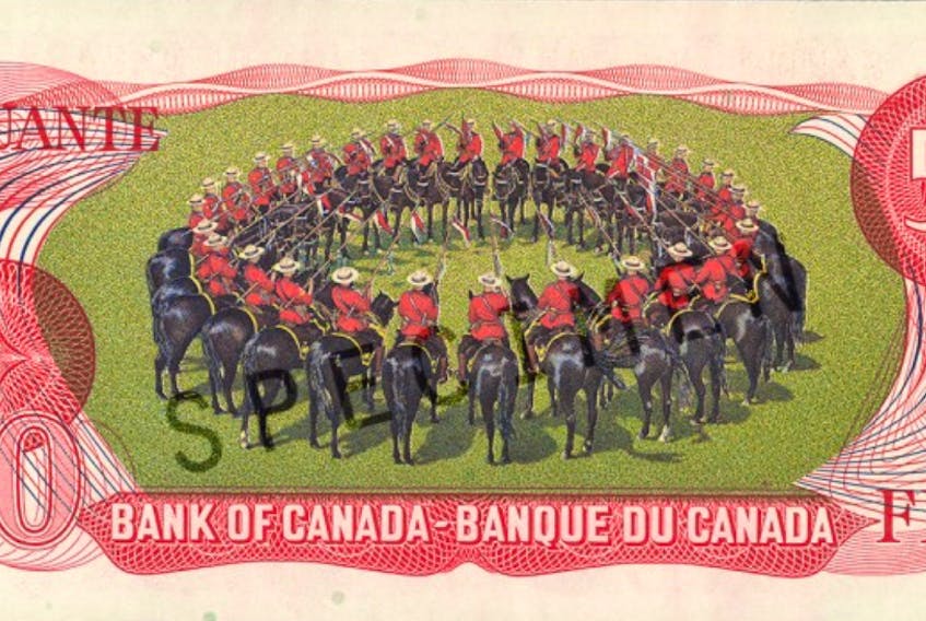 The dome formation from the RCMP Musical Ride appears on the back of the Canadian $50 bill — the only denomination in the Scenes of Canada series where the vignette on the back was produced by a lithographic rather than an intaglio process. The note was issued in March 1975 and printed by Canadian Bank Note Company Ltd. Bank of Canada Museum website