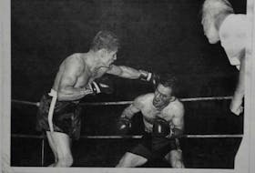 Tyrone Gardiner, right, lightweight champion of Canada, defended his title twice at the Glace Bay Miners Forum to sell-out crowds. CONTRIBUTED