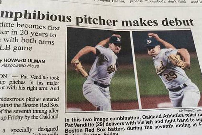 An Associated Press story that was headlined in the East Oregonian newspaper in June 2015 about the Oakland A’s Pat Venditte’s ability to pitch left- or right-handed seemed to indicate the baseball player could also breathe underwater. Twitter photo