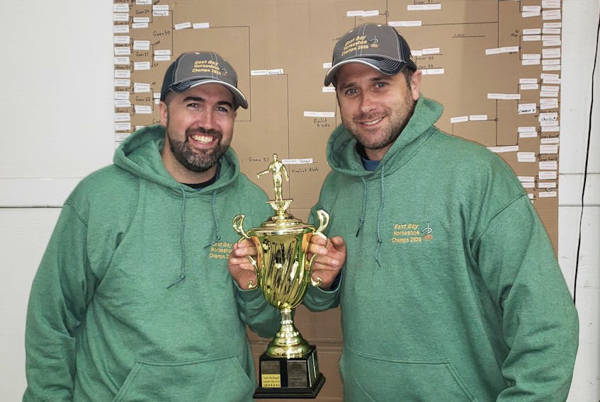 Jeremy Campbell, left, and Mark Patterson were the winners at the 12th annual East Bay horseshoe tournament, which took place Sept. 26 in Northside East Bay. The pair finished the day undefeated to become the champions. The day raised $12,000 for various charities in Cape Breton. Contributed/Tom MacDonald
 
