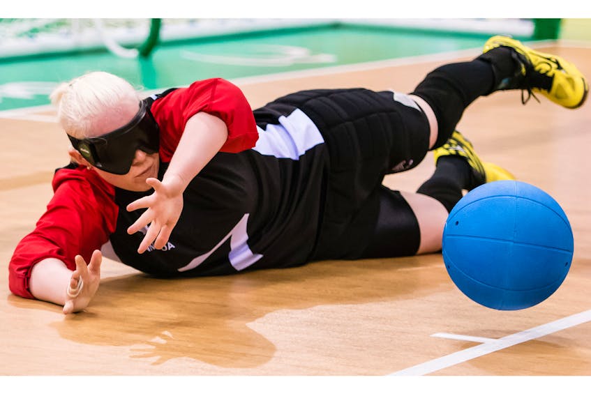 Charlottetown native Amy (Kneebone) Burk looks to stop a shot during the goalball competition at the 2016 Paralympics in Rio de Janeiro, Brazil.