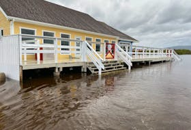 While the rising water from the Humber River has flooded the parking lot at Pasadena Beach, it hasn’t reached the deck or floor level of the Oasis Grillhouse located right on the beach.
Contributed
