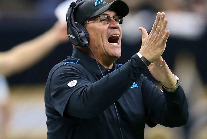 Carolina Panthers head coach Ron Rivera calls a timeout in the second quarter against the New Orleans Saints at the Mercedes-Benz Superdome, Nov. 24, 2019. (Chuck Cook-USA TODAY Sports)