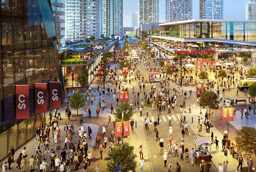 An artist's rendering of a rejuvenated Stampede Trail, including a proposed new arena.