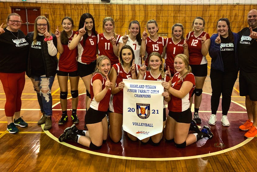 The Riverview Ravens junior varsity volleyball team claimed the Nova Scotia School Athletic Federation Highland Region title on Nov. 13, defeating the Strait Area Education Recreation Saints from Port Hawkesbury 25-21, 22-25, 25-15 and 25-20 at Riverview High School in Coxheath. From left, front, Alyssa Lahey, Jessica Curran, Lily Gouthro and Broke Hiltz; back, Jacalynn Kennedy (coach), Hailey Phillippo (coach), Julia Riles, Elizabeth Levatte, Eve Somers, Rhya Martinello, Sophie LeVert, Keira Rose, Emma Smith, Annalisa Leon (coach) and Kyle Burchell (coach). CONTRIBUTED • KYLE BURCHELL