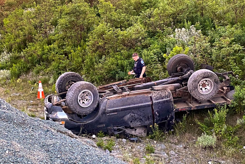 The RNC are investigating a very serious single-vehicle rollover on the Team Gushue highway Sunday night. Keith Gosse/The Telegram 