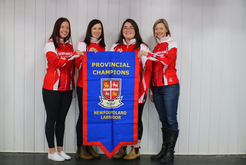 Sarah Hill and her team from the Remax Centre/St. John’s Curling Club are representing the province at the Scotties Tournament of Hearts. Their first game is noon today against New Brunswick. Members of the team are (from left) Sarah Hill, Beth Hamilton, Lauren Barron and Adrienne Mercer. — Alex Phillips photo