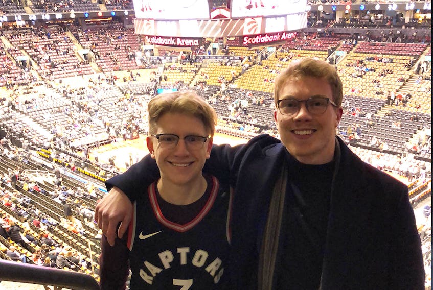 Long-time St. John’s pals and basketball teammates Ben Rogers (left) and Ryker Richard from St. John’s operate a hugely-popular Toronto Raptors podcast, “Raptors Digest,” which is found all over the place, including YouTube, Spotify, Instagram, etc., with subscribers hitting 13,000. — Contributed