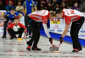 Geoff Walker (centre) is itching to get back to competitive curling after spending the last couple of months practising. COVID-19 restrictions prevented him from playing a couple of bonspiels with Brad Gushue’s team last month in Halifax. — Michael Burns/Curling Canada file photo