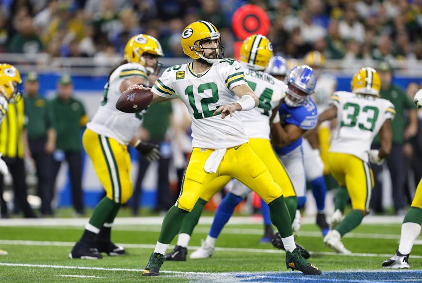 Green Bay Packers quarterback Aaron Rodgers passes the ball during a game against the Detroit Lions in late December.