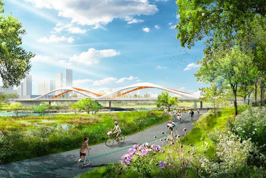 Cherubini Group in Dartmouth is fabricating four bridges for the Toronto Port Lands redevelopment project, including the four-span Commissioners Street bridge in this rendering. Two sections make up its 153-metre length, with a 53-metre width and 10.16-metre height, and it will weigh 1,210 tonnes. 
Waterfront Toronto 