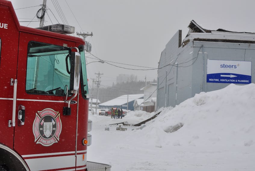 The roof of the Steers Distribution building on Brook Street in Corner Brook collapsed just after noon today. No one was in the building at the time. - Diane Crocker/The Western Star
