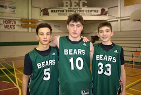 This year's edition of the Breton Education Centre Bears is one of the youngest groups to ever represent the school at the New Waterford Coal Bowl Classic. The team has one Grade 12, five Grade 11s, two Grade 10s and two Grade 9s on the roster this season. The club also called up Grade 8 Luke MacKinnon for the tournament. Pictured are three of the younger players on the team, from left, Morgan Hillier, Ethan MacNeil and Ben Kearney. JEREMY FRASER/CAPE BRETON POST.