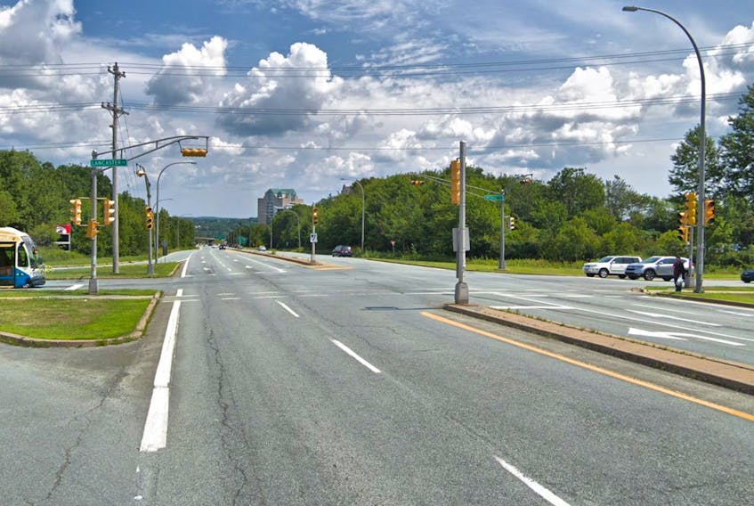 The city is considering a roundabout at this intersection of Woodland Avenue in Dartmouth. - Google Maps