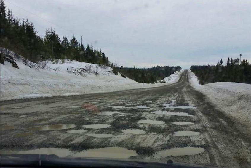 This pothole-ridden Highway 434 from Conche to Roddickton is rated one of the the worst roads in Atlantic Canada in a CAA campaign.