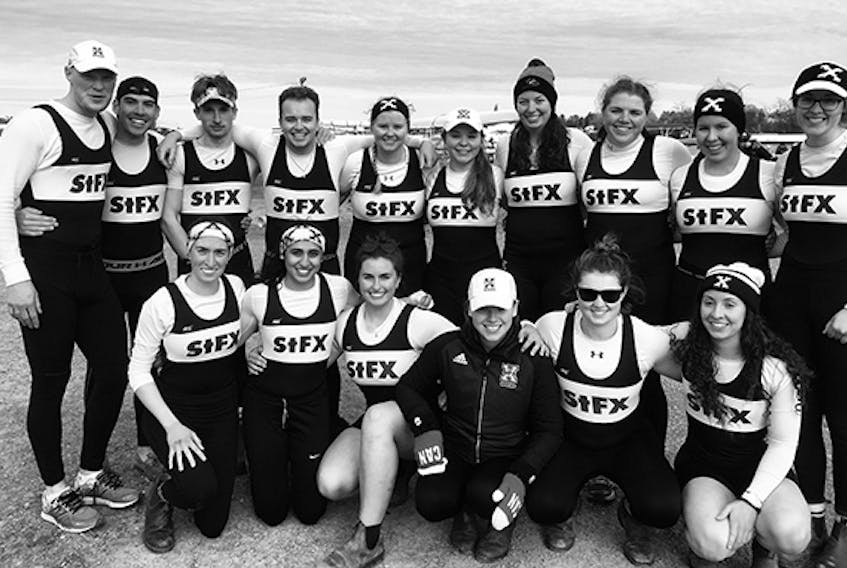 The St. F.X. rowing team members Renee McDonald (front, left), Alya Jaffer, Taylor Breneol, Maddy Horne, Fiona McDougall, Alexis Rains, Garrett Nielsen (back, left), Tristan Kays, Sam Court, Cecil Van Buskirk, Abby MacInnis, Natalie Dreise, Bethany Madsen, Maeghan Ziebarth, Sarah England and Alyssa Mansfield partici-pated in the 2018 Canadian University Rowing Championships. Contributed