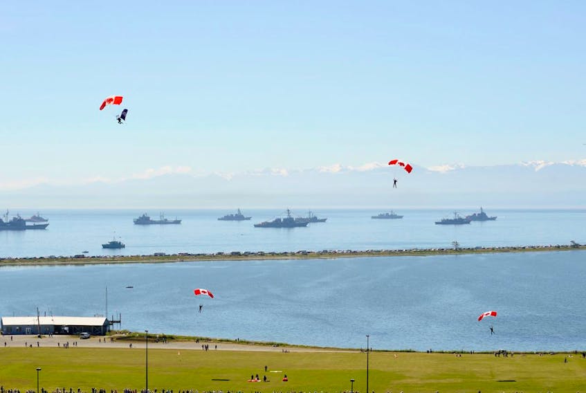 The SkyHawks parachute team is shown in this June 2010 photo performing in Victoria, BC. Canadian Forces photo.