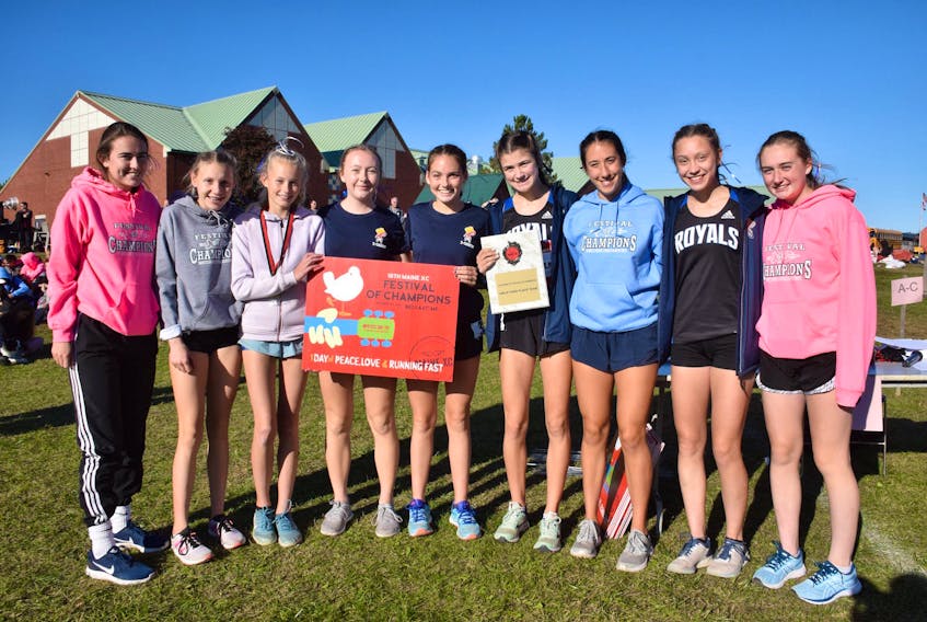 The Dr. John Hugh Gillis Regional Royals girls’ cross country runners, including Maura Flynn (left), Anna Robinson, Mariah Austen, Anna MacGillvray, Siona Chisholm, Malia Artibello, Mairin Canning and Sarah Vanderlinden raced to third place in the 18th Annual Maine Festival of Champions Cross Country Meet. Contributed