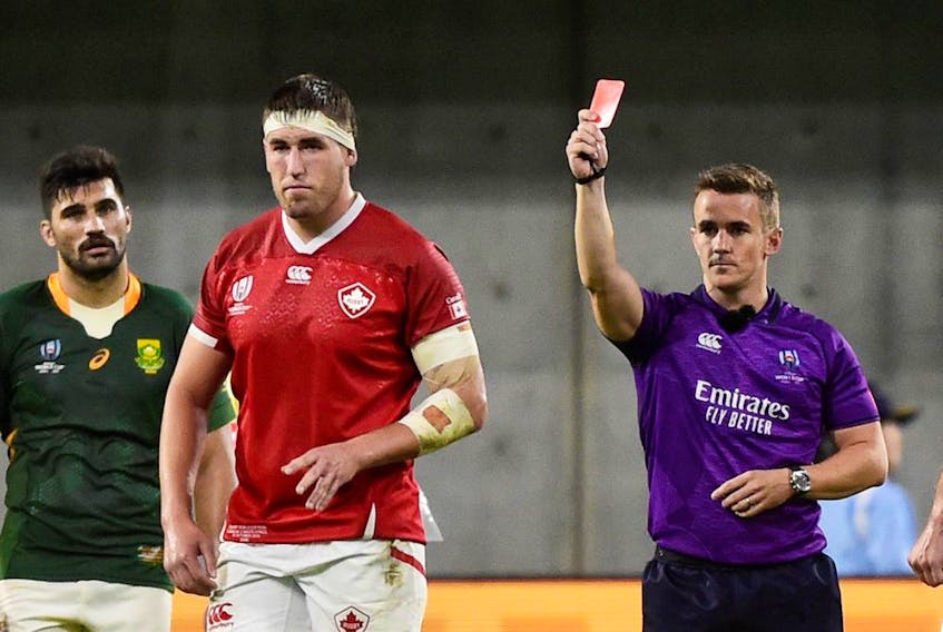 Canada's Josh Larsen is shown a red card by referee Luke Pearce during the Rugby World Cup game on Tuesday vs. South Africa.