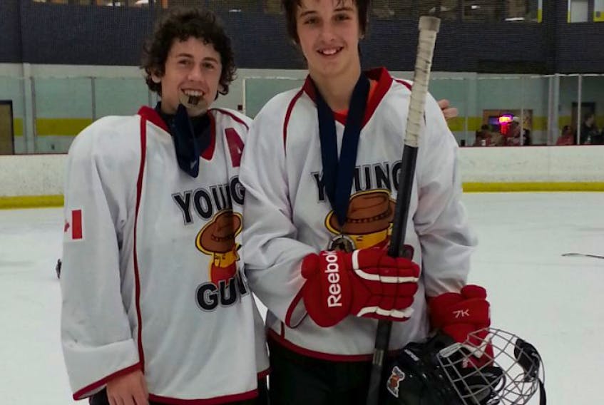 Thirteen-year-old Ryan Clarke of North Kentville, right, along with Kyle Garde from Bridgetown, were the only Valley players selected for the Atlantic Hockey Group’s Nova Scotia Peewee Young Guns team this summer. They won a gold medal at a tournament in Maine. - Submitted